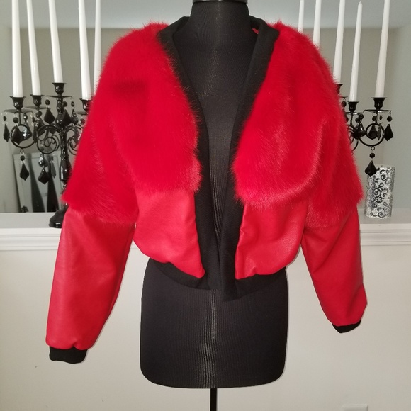 New Red Faux Fur and Leather Jacket - Picture 2 of 5